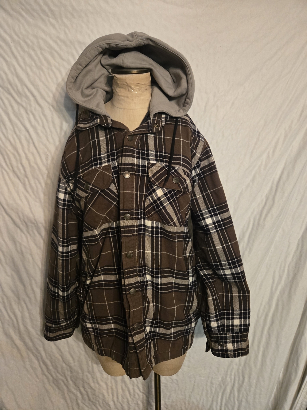 Men's Brown Plaid Hooded Shirt Jacket - Layered Flannel Style